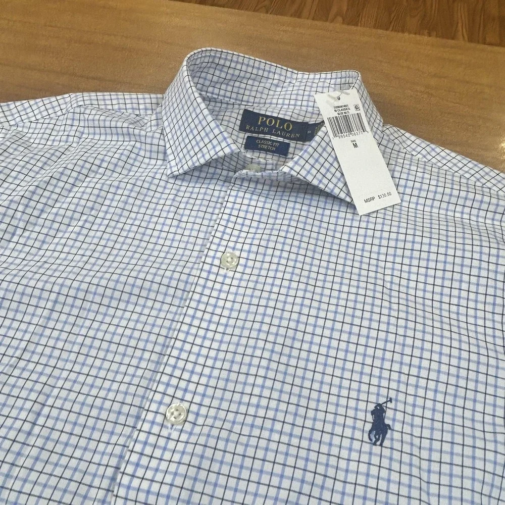 Polo Ralph Lauren Shirt Mens M Blue Check Classic Fit Stretch Button Down Dress